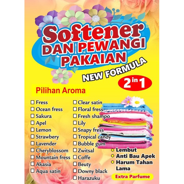 Softener / Pelembut dan Pewangi Pakaian aneka aroma wangi segar kemasan botol PET 250 ml