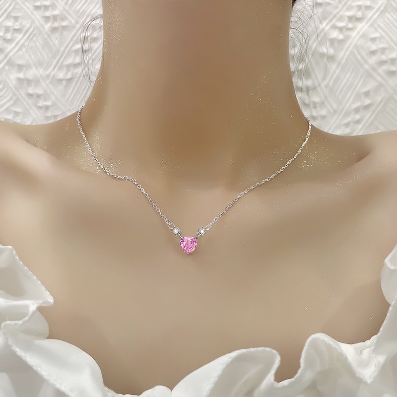 Pandora Kalung925 Perak Pink Cubic Zirconia Berlian Hati Liontin Kalung Wanita Fashion Perhiasan Aksesoris