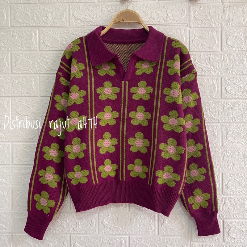 SWEATER RAJUT POLO KERAH AGNES MOTIF BUNGA WANITA