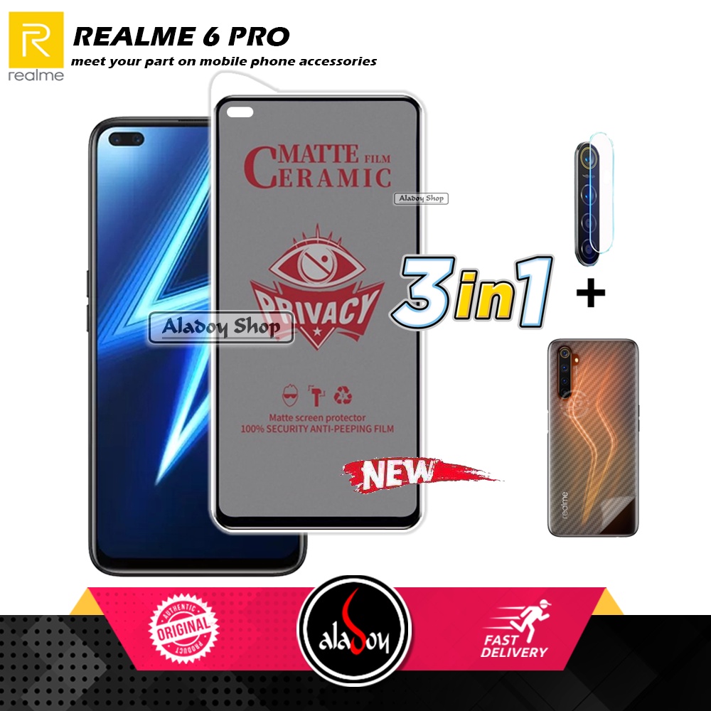 Tempered Glass Anti SPY Realme 6 Pro Anti Gores Privacy + Tempered Glass kamera dan Skin Carbon