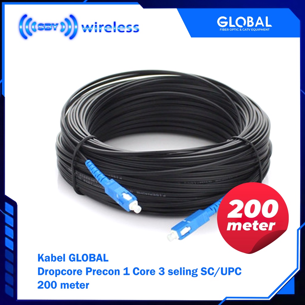 GLOBAL, Kabel FO Precon 200 meter Dropcore 1 Core 3seling Fiber Optik FTTH CATV SC UPC