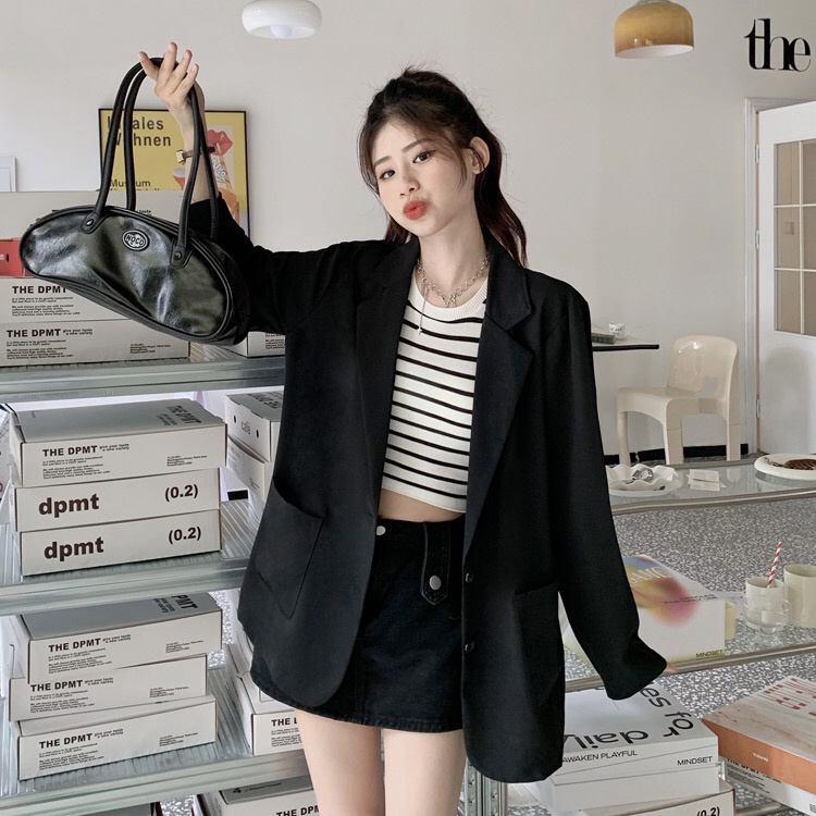 Blazer Wanita Korean Style Jaket Lengan Panjang Outer Basic Import Casual Kekinian Blezer Hitam Retro Jaket