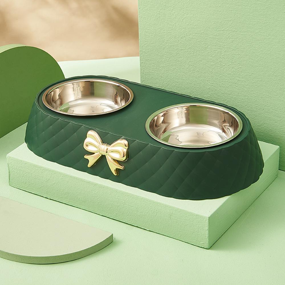 Solighter Mangkuk Makanan Kucing PP Perlengkapan Hewan Peliharaan Stainless New Bow-tie