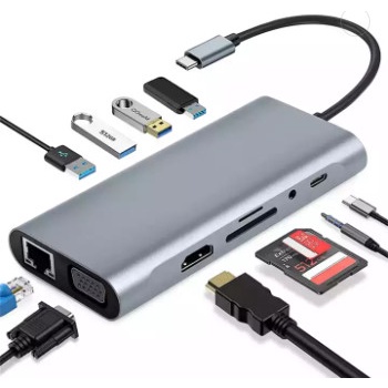 USB C HUB Tipe C 11 In 1 Adaptor Ke 4K HDTV VGA RJ45 Lan Ethernet SD/TF Hub 3.5MM AUX 11 Port Dock S