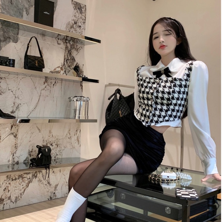Suhao One-Piece Suit Wanita Fashion Slim Pakaian Luar Houndstooth Top Awal Musim Gugur Gaya Selebriti Pendek Slim Bawah Kemeja