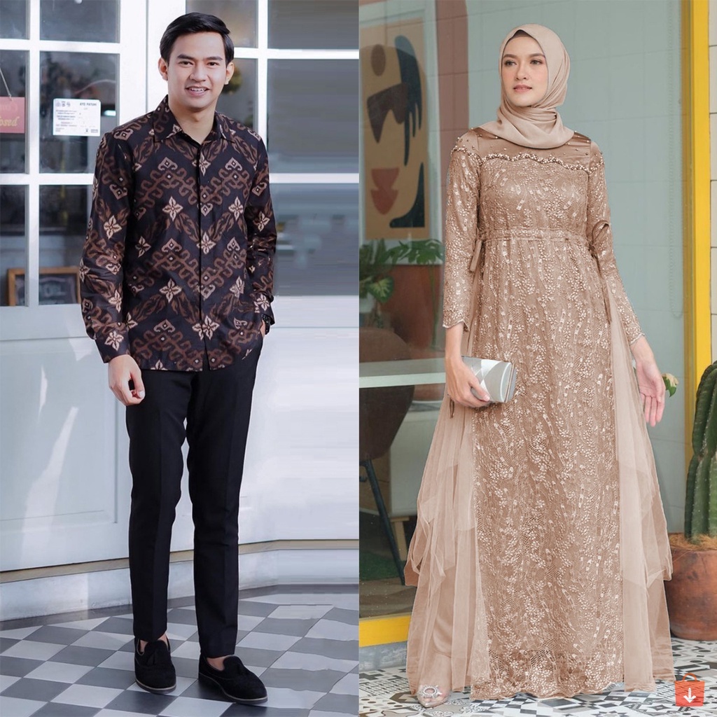 [COUPLE SPESIAL BAJU LEBARAN] COUPLE GAMIS MELLA NEW DRESS TULLE MUTIARA - GAMIS COUPLE KEKINIAN - DRESS KONDANGAN TERBARU - COUPLE GAMIS MUSLIM KOMBINASI BROKAT