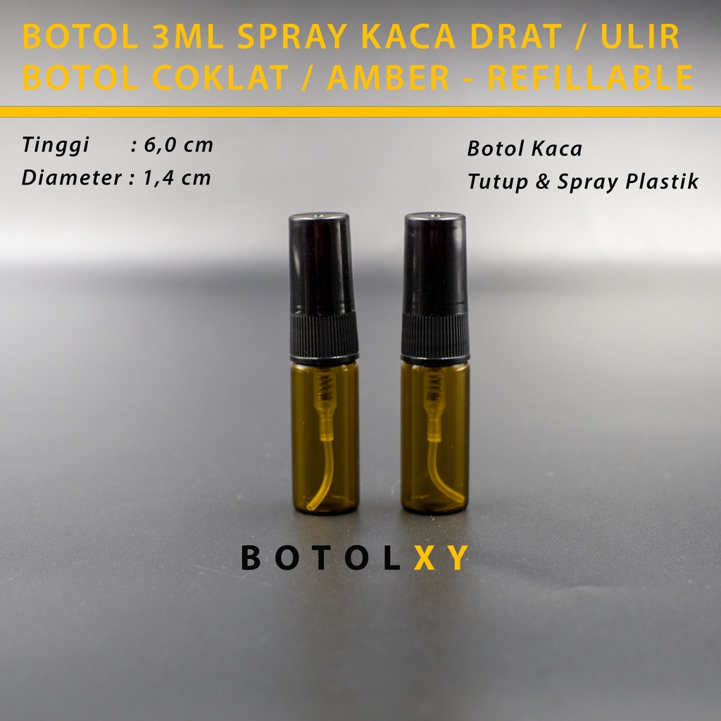 Botol Spray Kaca 3ml Amber / Coklat Parfum Refill Travel Tutup Hitam