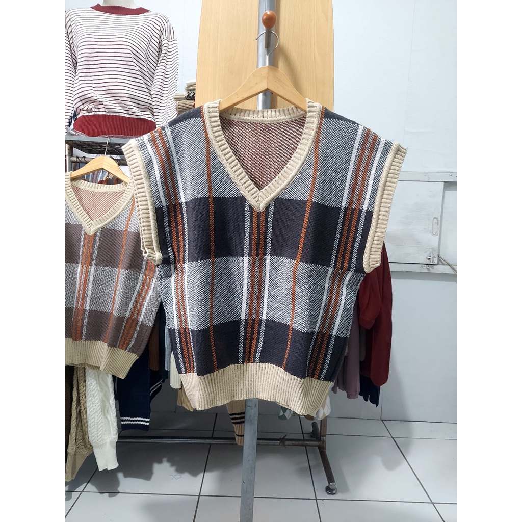 Tartan Vest Oversize Rompi Rajut Vest Knit Tebal