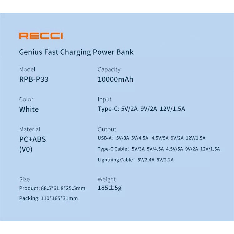 RECCI RPB-P33 GENIUS 10000mAh Powerbank - 2 Built-in Cables - PD20W