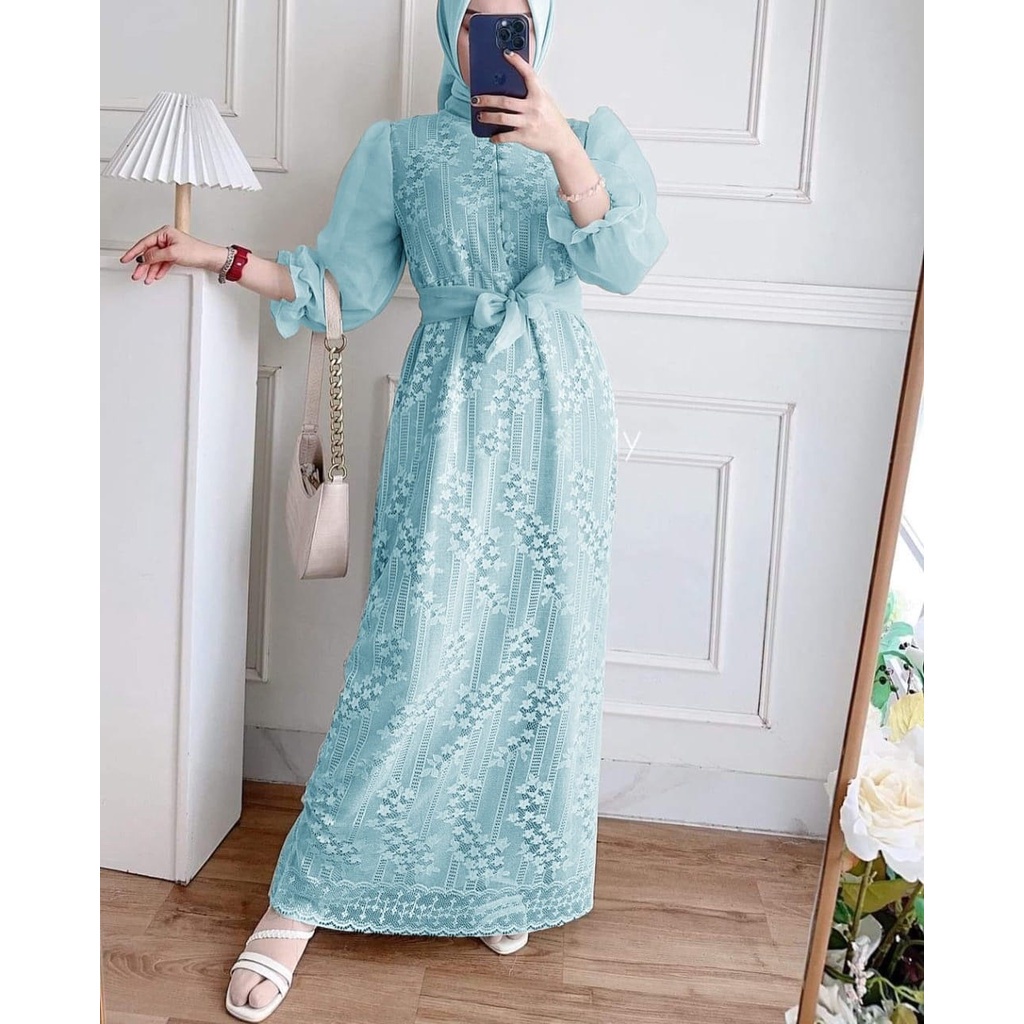 LUIS Dress Baju Gamis Brukat Velvet Tile Remaja Dewasa Seragam Pesta Wanita Muslim - Sage Green Hija