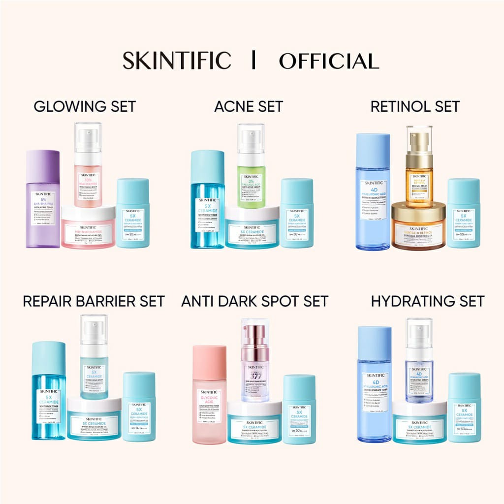 SKINTIFIC 4pcs with Sunscreen - Paket Skincare Moisture Gel + Serum Sunscreen + Exfoliating Toner / Soothing Toner + Brightening