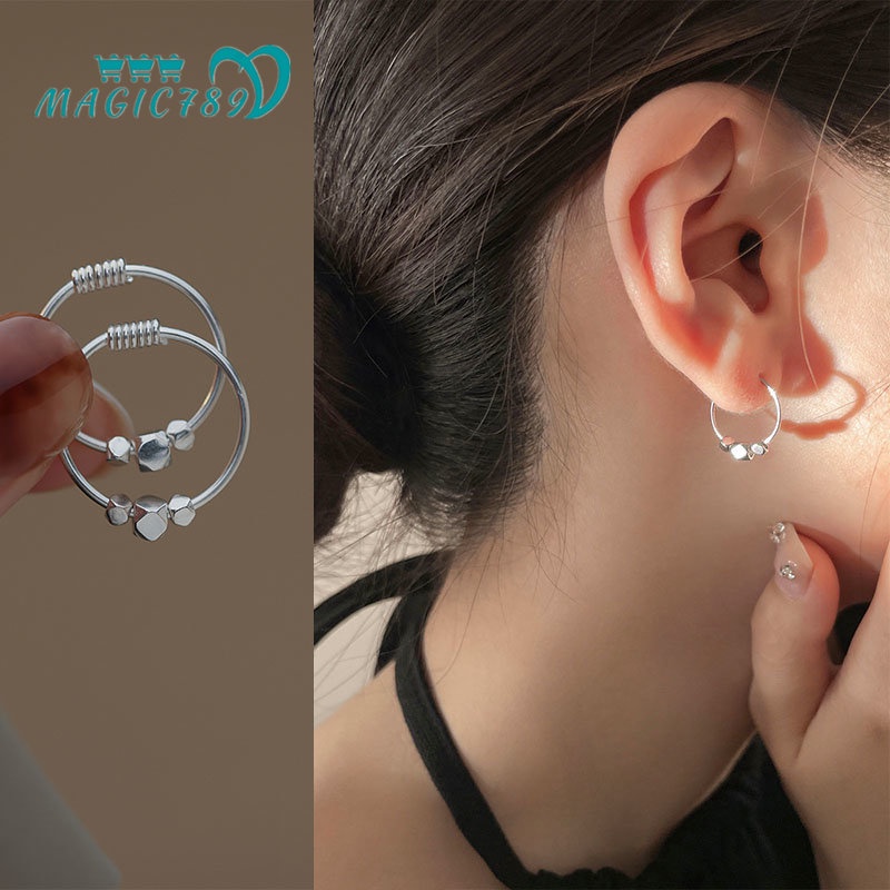 Papaozhu Elegan s925 Perak Kubus Kecil Hoop Anting Untuk Wanita Perempuan Korea Geometris Bulat Anting-Anting Hypoallergenic Telinga Perhiasan