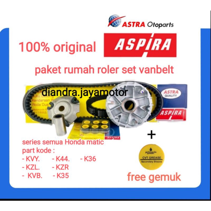 paket rumah roller set + vanbelt set Aspira Honda series matic ( KVY - KZL - KVB - K44 - KZR - K35 - K36 ) 100 % original