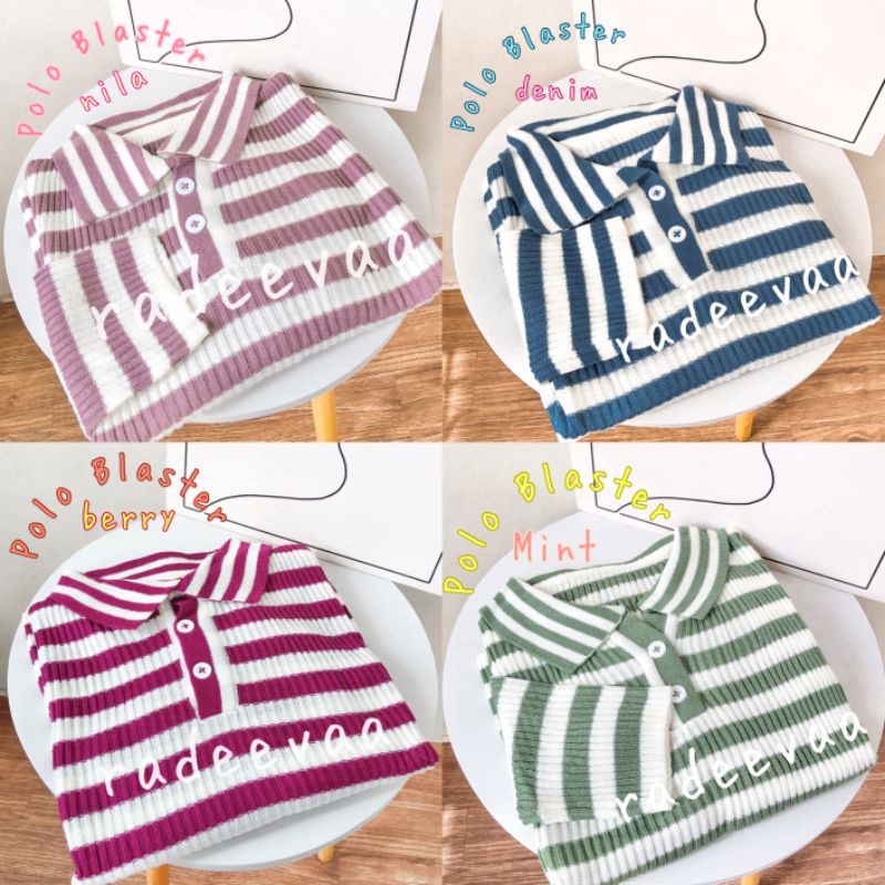 POLO KNIT TOP BLASTER CROP ATASAN RAJUT COMBO STRIPE TONE GARIS 2 WARNA