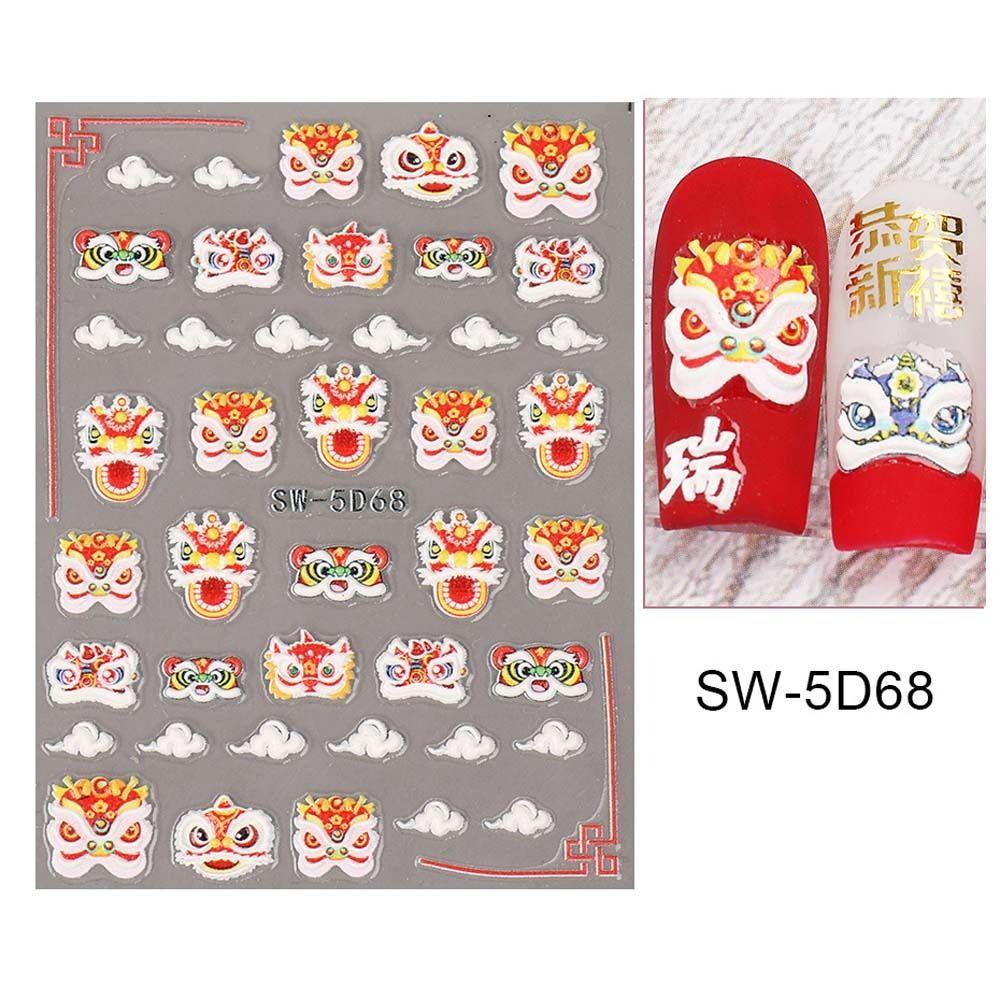 Rebuy Chinese New Year Nail Stiker Fashion Cute Lion New Year Nail Art Manicure Aksesoris FU Karakter Dekorasi Nail Art Karakter Cina