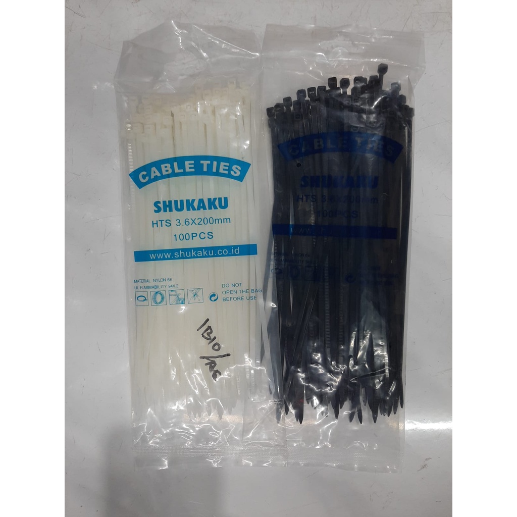 KABEL TIES PENGIKAT KABEL 20CM 8" SHUKAKU (100pcs) 200mmX3.6mm Putih Hitam