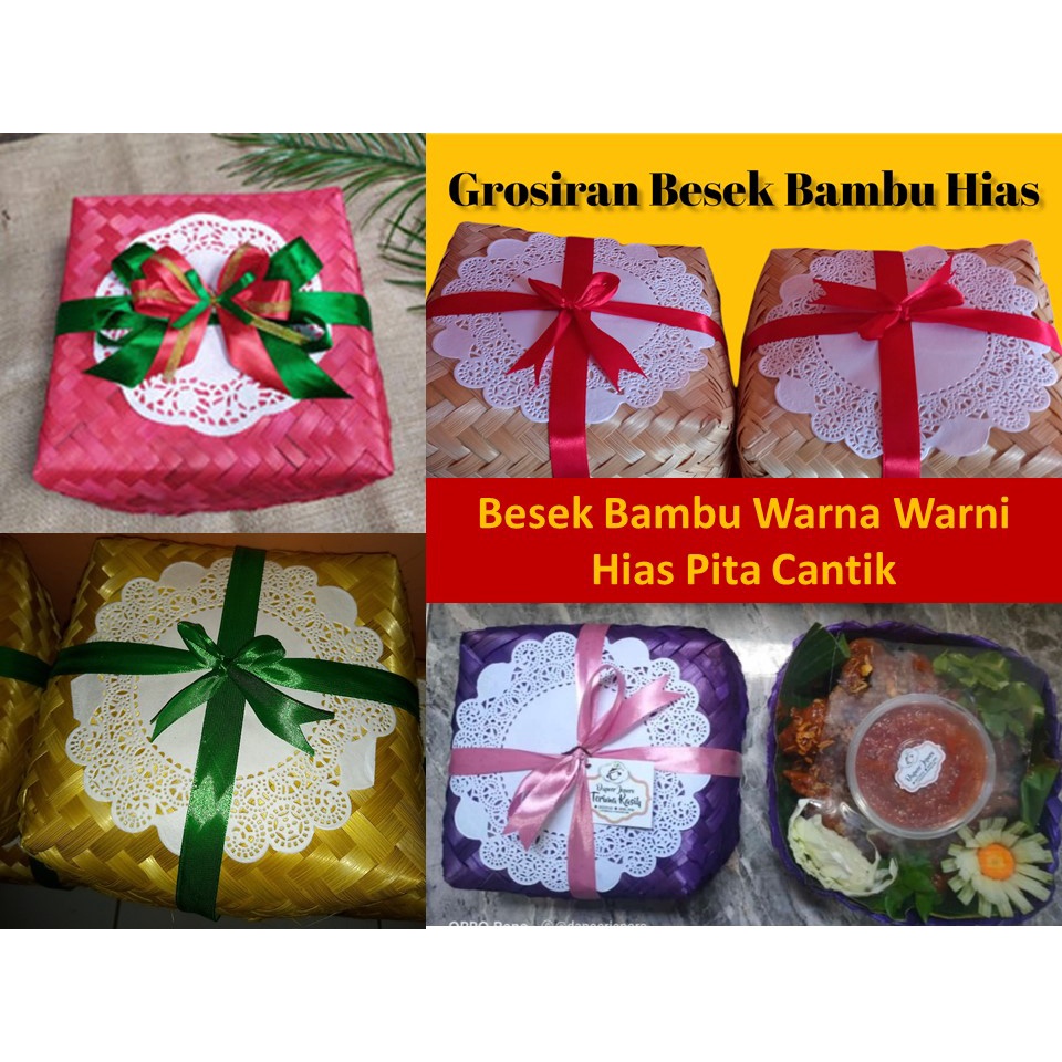 Jual Besek Anyaman Bambu Murah Ukuran 15x15 Hias Pita Warna Warni ...