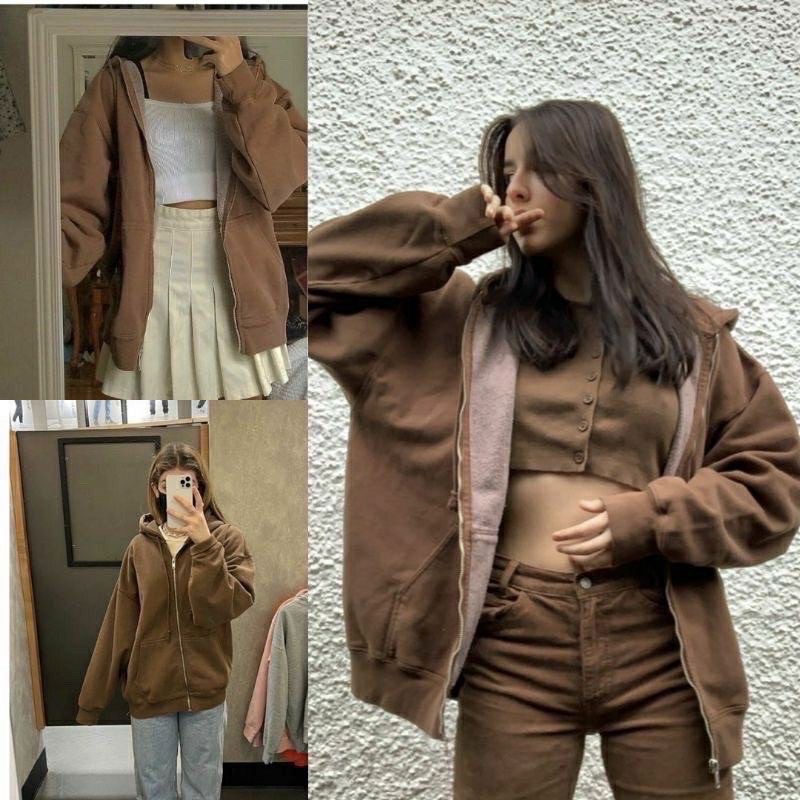 Jaket Hoodie Oversize Polos Resleting Zipper Wanita &amp; Pria Distro Korea Carla