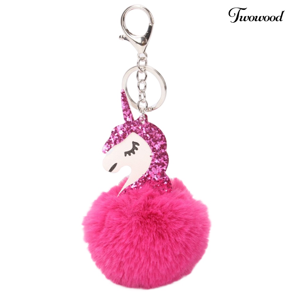 Twowood Lucu Shiny Sequin Unicorn Keychain Faux Fur Ball Keyring Bag Gantung Liontin