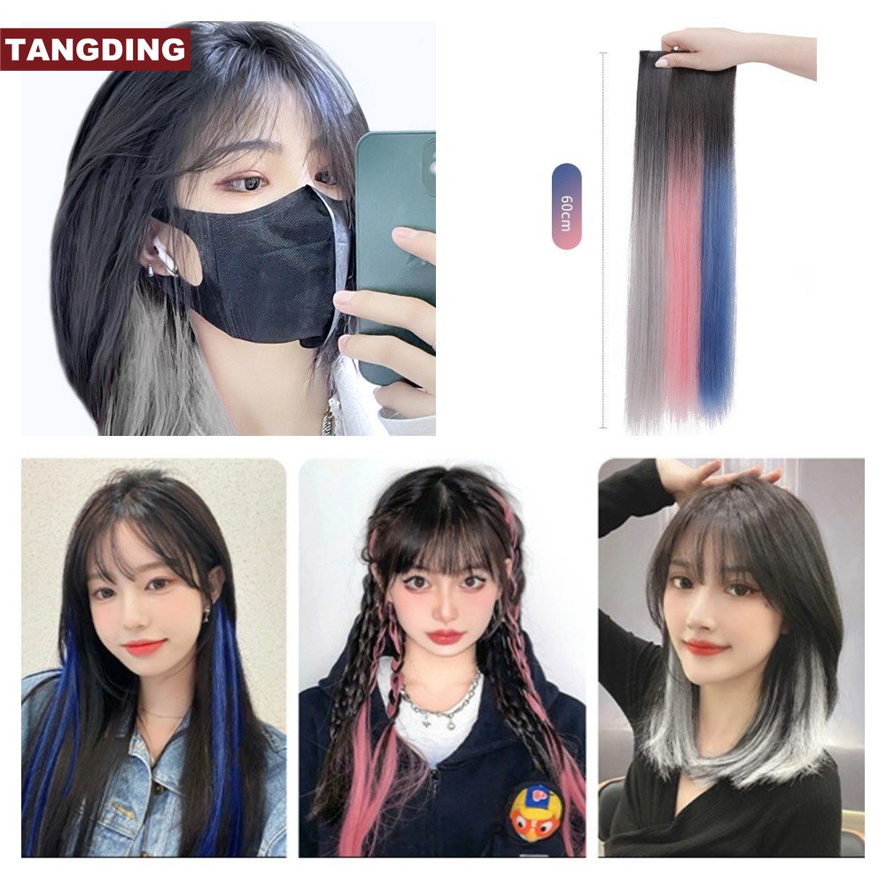 [COD Tangding] Warna Gradien Gantung Pewarna Telinga Wig Potongan Rambut Wanita Gadis Rambut Lurus Ekstensi Wig 60cm