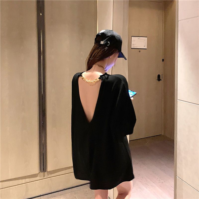 ►✸☇Suhao Hong Kong gaya hati-hati mesin backless sexy hot girl top trendi musim panas longgar slimming all-match lengan pendek keinginan murni T-shirt wanita in