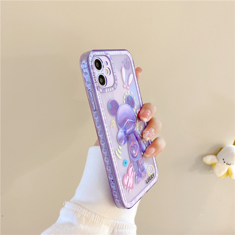 IPHONE Casing Ponsel Beruang Kekerasan Silikon Cair Lucu Mewah Untuk Iphone11 12 13 Pro Max XS XR 78 Plus Magnetic Holder Back Cases Cover