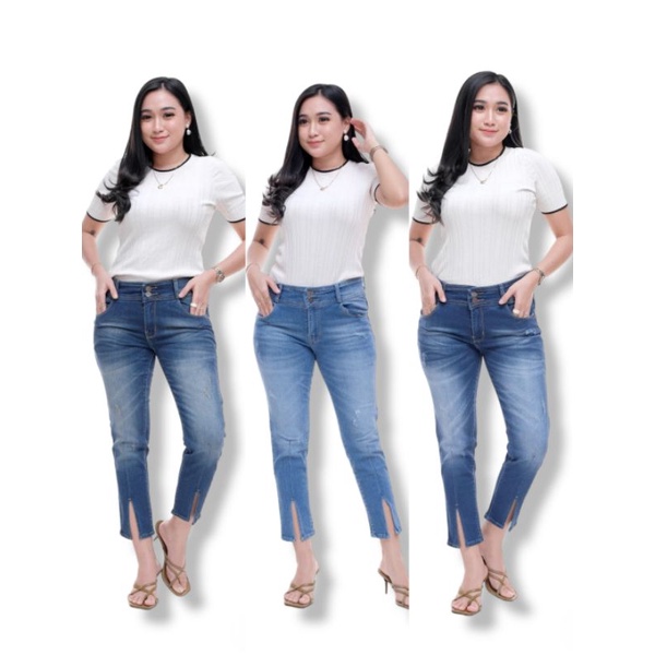 Celana Wanita 7/9 Strit Sobek / Celana Wanita Kancing 2 / Celana Jeans Wanita