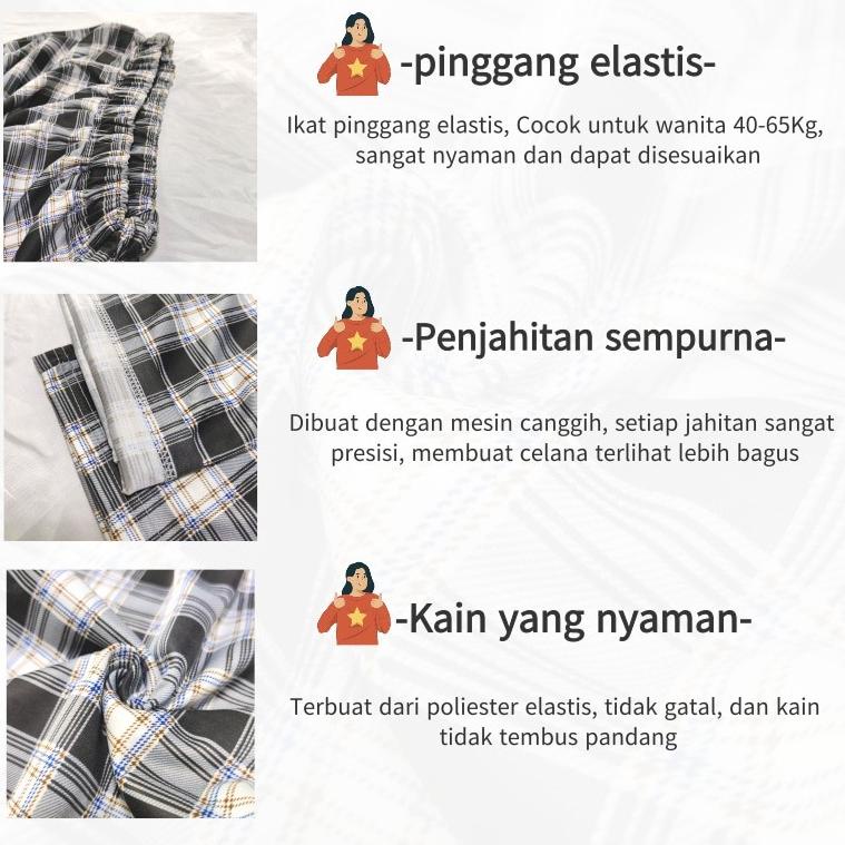 Celana Kotak Kotak Wanita Celana Highwaist Wanita Kulot Celana Korea Pinggang Elastis Celana Tartan 