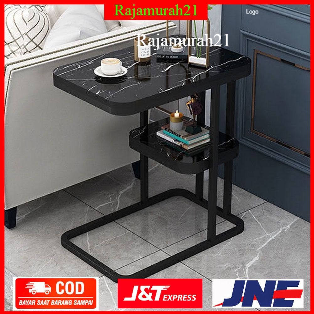 Geja Meja Sofa Side Table Marbel Corner European Style Double/Single Layer - H81 - Black - 7RTB0SBK