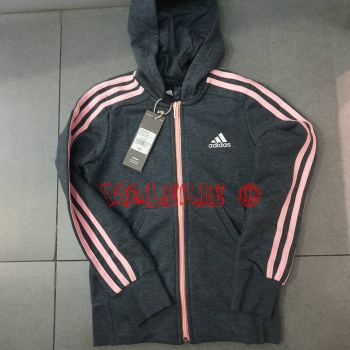 HODIE-ANAK-PEREMPUAN- ADIDAS ORIGINAL YOUNG 3S HOODIE JACKET GREY PINK FOR KIDS N TEENAGER