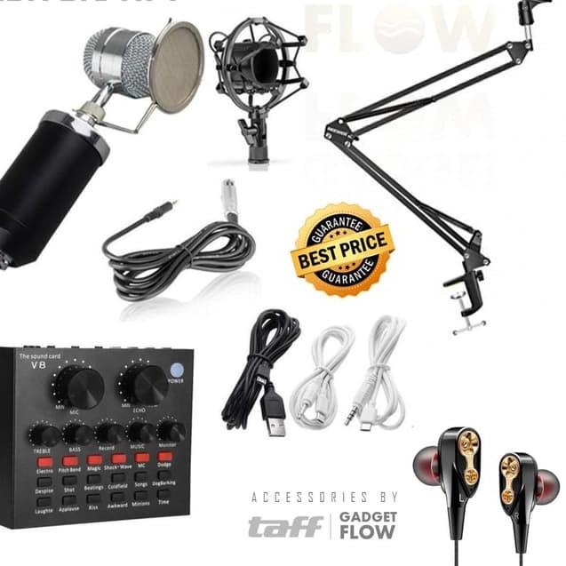 Terbaru PAKET KOMPLIT MIC BM8000 STAND Microphone BM 8000 SOUNDCARD MIXER V8