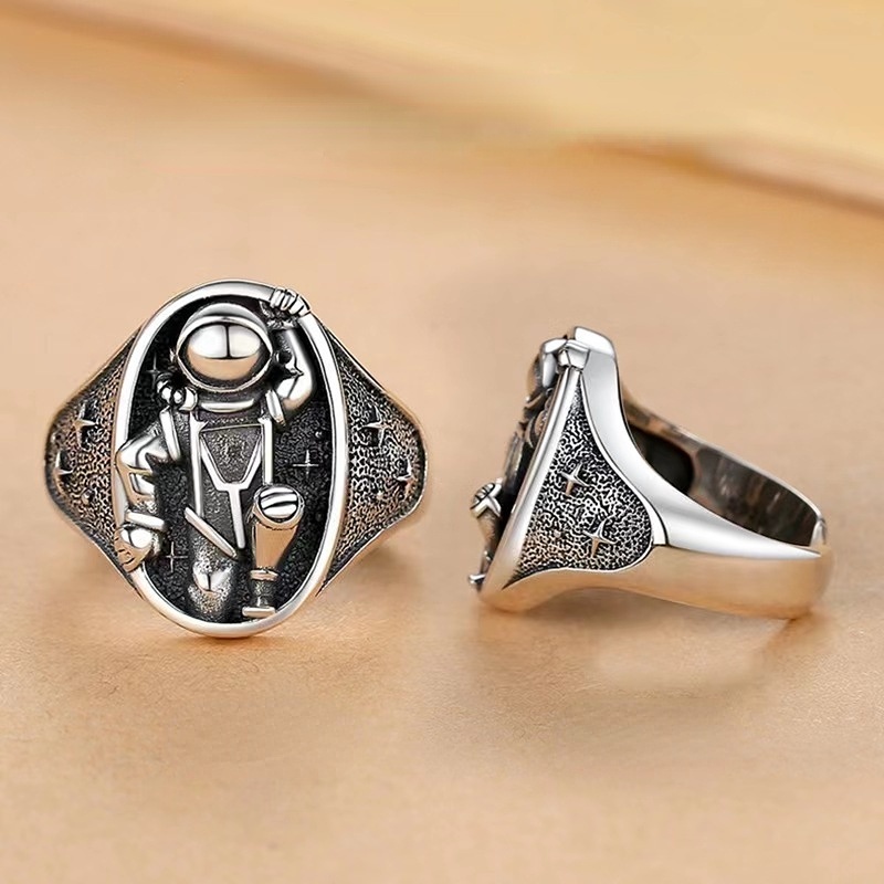 Retro Astronot Bulan Cincin Pria Trendi Hip Hop Pembukaan Cincin Pasangan Yang Dapat Disesuaikan