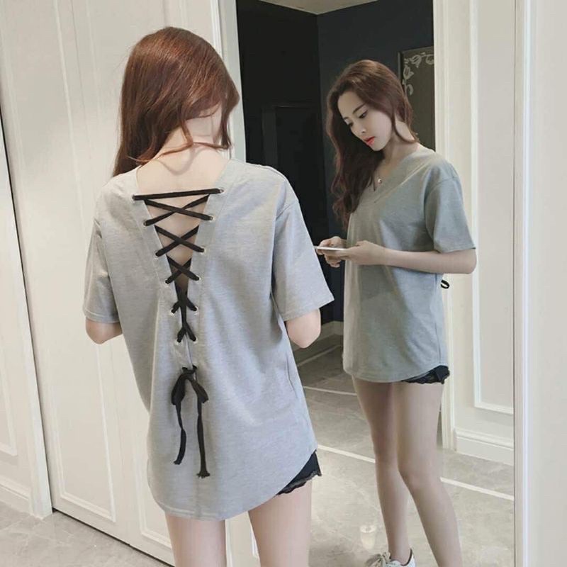 T13 Atasan t shirt perempuan v neck lengan pendek / baju Kaos back less