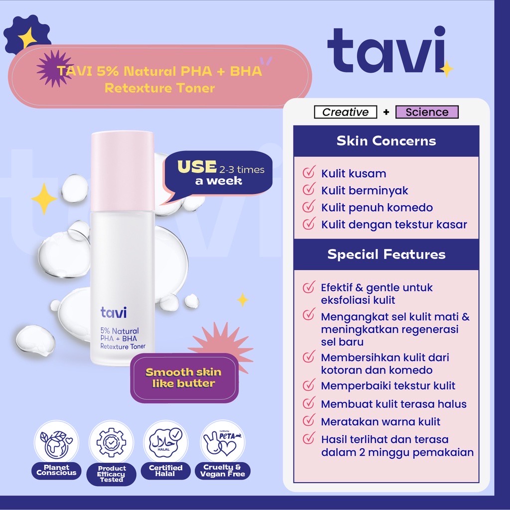 TAVI 5% Natural PHA + BHA Retexture Toner Indonesia / Pelembab Wajah 100ml / Memperhalus Tekstur Kulit Mengangkat Sel Kulit Mati Melembabkan / Exfo Exfoliating Exfoliator Ekfoliasi Peeling Peel Off Skincare Face Care Treatment Perawatan Kulit Essence Mist