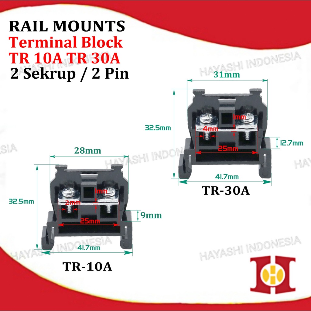 Din Rail Terminal Block Blok Konektor Kabel 2 Pin Sekrup 10A 30A-5pcs