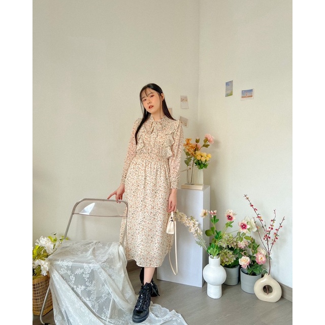 KANON - Kazahana Floral Dress (ada furing) - Dress midi motif bunga vintage korean look