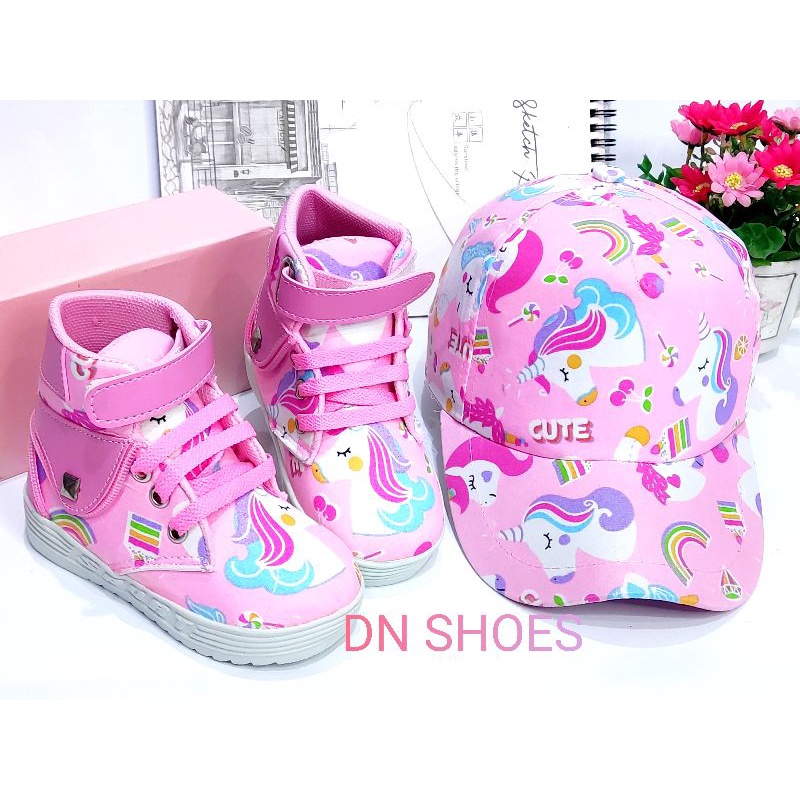 Paket Sepatu Anak Perempuan Paket Sepatu Boots Topi Anak Paket Boot Anak Perempuan Topi Pet Anak Perempuan Murah Lucu Karakter Unicorn Pink Cute