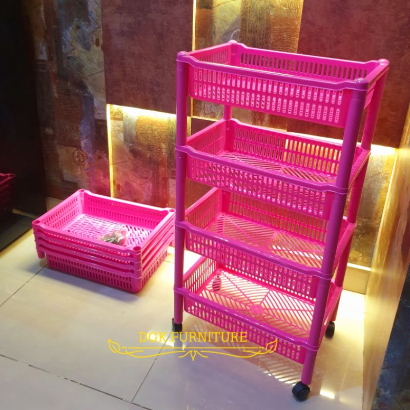 Rak Salon Segi 4 Susun serbaguna serba guna nampan 4 tingkat empat tingkat Pink Hijau Biru Plastik