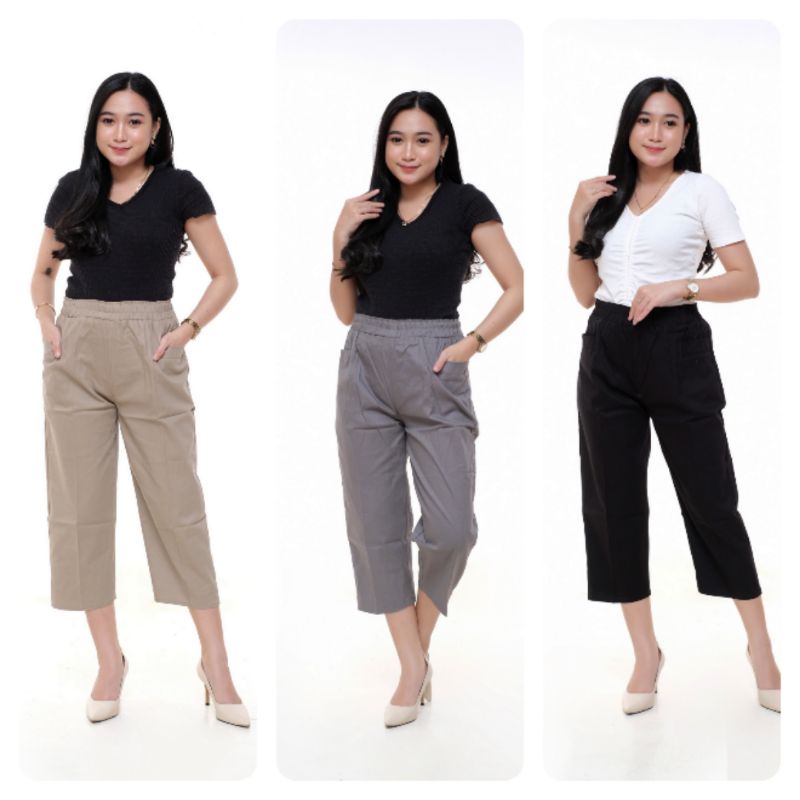 Celana wanita kulot 7/9 korean crops catton combed willow pants || celana katun wanita 7/9 pinggang karet celana wanita seperempat melar tebal