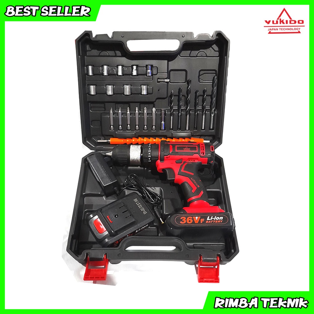 BISA COD Bor Cordless Drill 36V YUKIDO Mesin Bor Obeng Cordless Impact Drill 2 Batre Full Aksesoris SIap Pakai AB-36FW