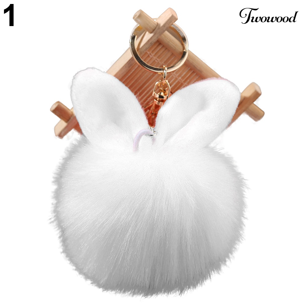 Twowood Cute Faux Fur Rabbit Ear Lembut Pom Pom Ball Kunci Gantungan Rantai Keychain Tas Decor