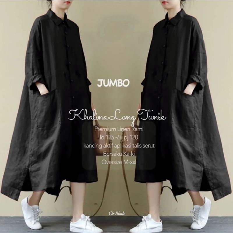 LONG TUNIK JUMBO KATUN LINEN PREMIUM/MIDI DRESS POLOS FULL KANCING DEPAN/TUNIK OVERSIZE/FAR MOSLEMSTORE