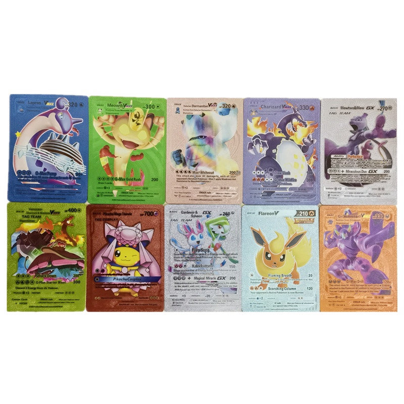 10 Pcs 54 Pcs Logam Kartu Pikachu Emas Inggris Warna-Warni Charizard Pikachu Vmax GX EX Battle Trainer Cards Koleksi Game Booster Mainan Anak