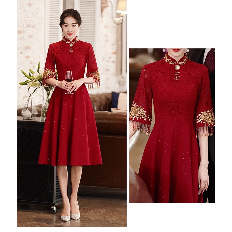 Gaun Pesta D22033 Cheongsam Merah Lengan Siku Sangjit Dress Gown