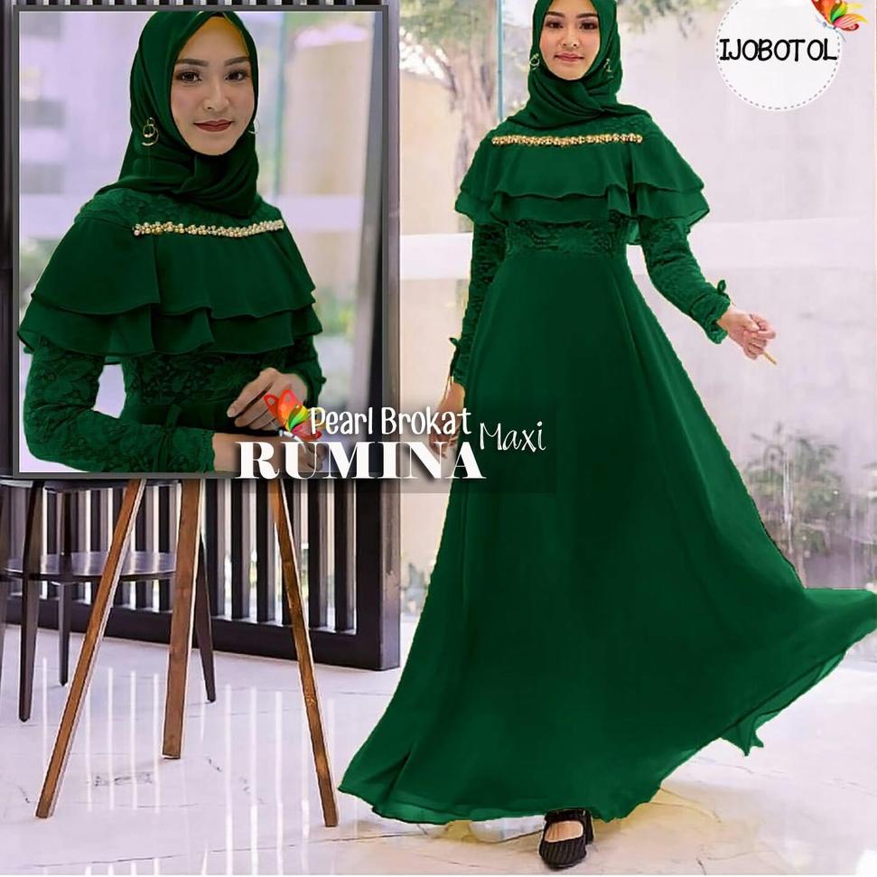 GAMIS DRESS MUSLIM RUMINA BRUKAT PEARL | MAXI DRESS MURAH MOSCREPE BROKAT AKSEN MUTIARA MEWAH "UNH.1