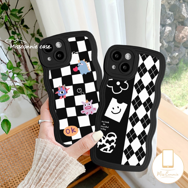 IPHONE Case Kompatibel Untuk Iphone6 6s 87plus 11 14 13 12 Pro Max 14Plus XR X XS Max SE 2020papan Catur Diamond Grid Kartun Monster Kecil Lembut TPU Bergelombang Penutup Tepi