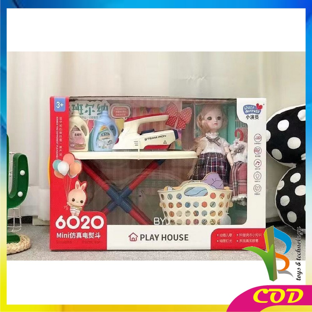 RB-M187 Mainan Setrika Uap Anak Perempuan Playhouse Set Pretend Play Mainan Laundry + Boneka Anak