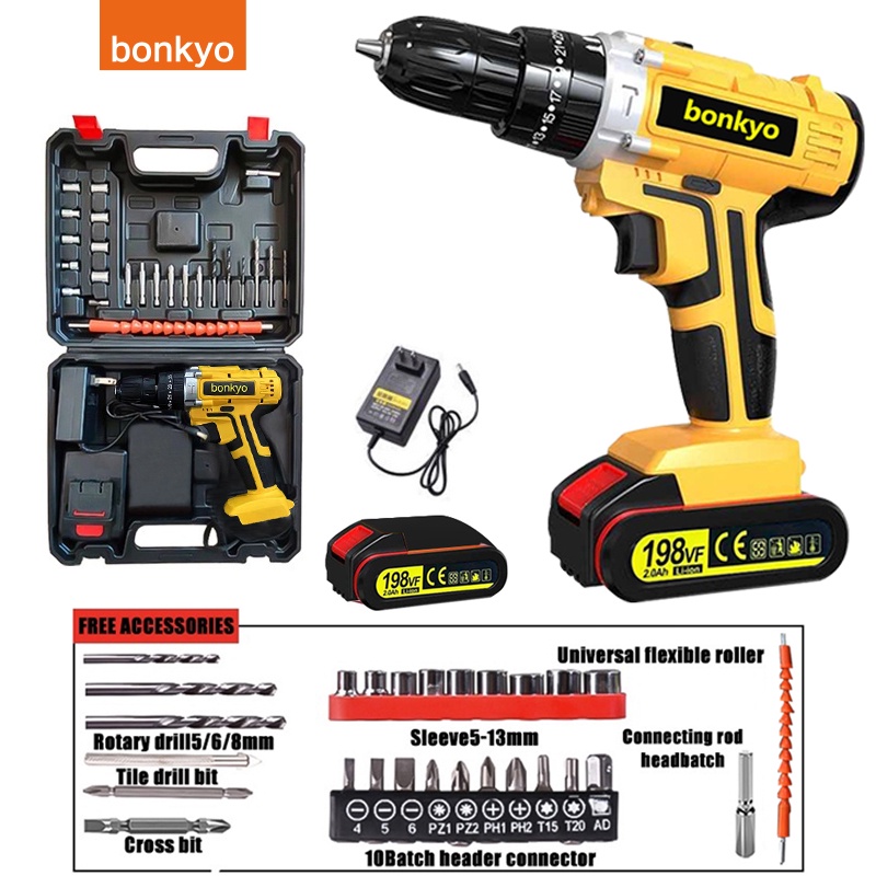 Bonkyo 168VF Baterai dua ganda Mesin bor cordless/Elektrik Drill/ bor listrik/beton besi kayu full set pilihan Bor tanpa kabel