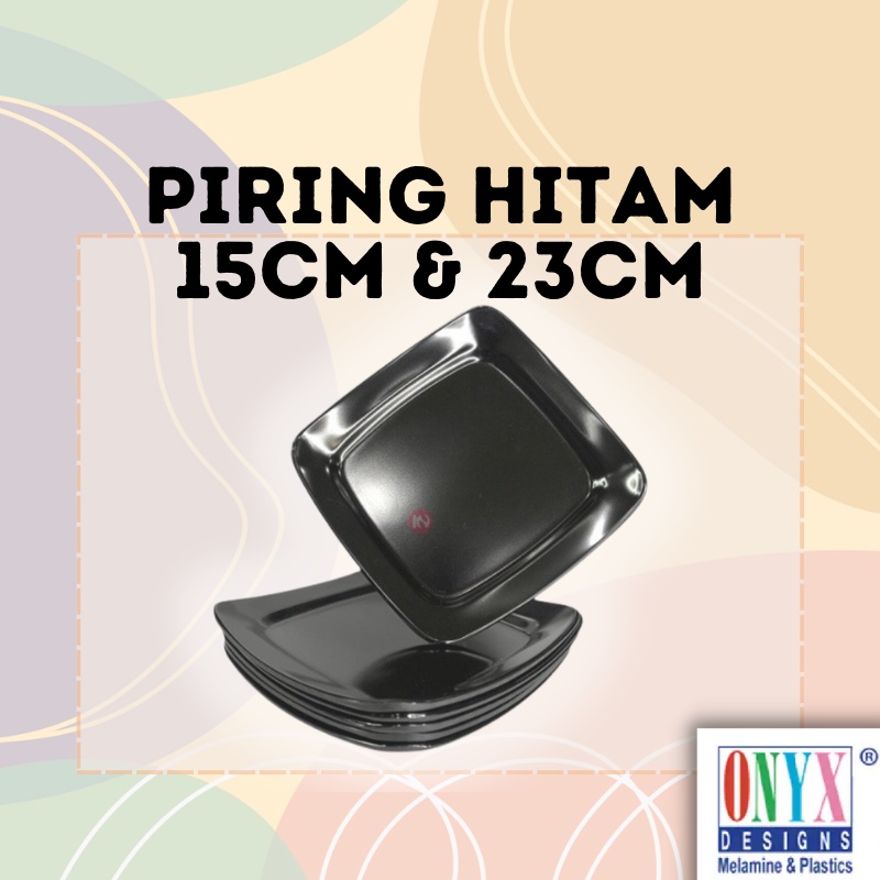 Piring Warna Hitam Ukuran 15cm &amp; 23cm - Piring Melamin Kecil Persegi Minimalis - Modern