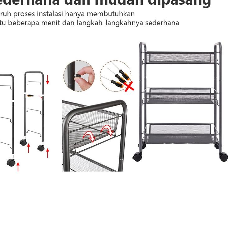 Harga Termuraah EARISE Rak Lantai Rak Troli Dorong 3 susun besi Rak penyimpanan Tingkat Rak Bumbu Da